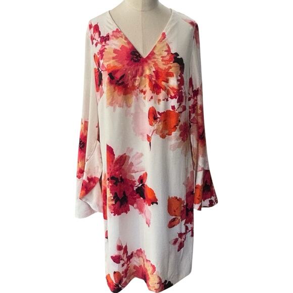 Calvin Klein V-Neck Tulip Sleeve Red and Orange Floral dress NEW Size 2 - Picture 7 of 13